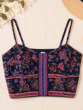 American Eagle Boho Corset Crop Top Blue Purple Floral Festival Bustier Size M